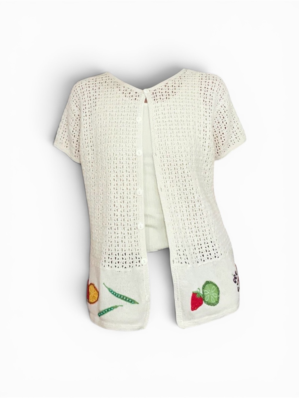 White Crochet Button-Front Short Sleeve Top with Fruit Embroidery